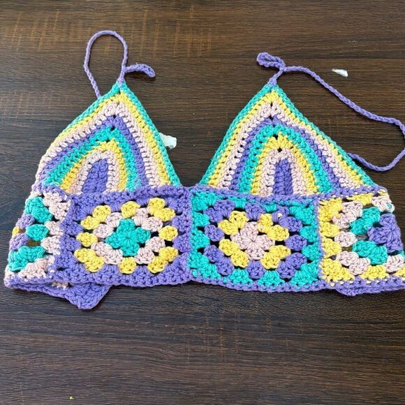 Handmade Crochet Grandmacore Knit Multi Colored Triangle Bikini Top One Size - Picture 4 of 6